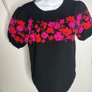 Elie Tahari Floral Black Top with Red and Pink Accents